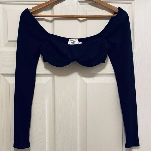 PRINCESS POLLY Black Wired Straight Neckline Becca Long Sleeve Crop Top 6 - Picture 3 of 4
